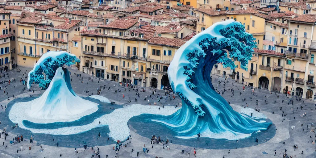 Image similar to A white and blue marble sculpture of The Great Wave off Kanagawa in the middle of an empty Italian piazza without people, midday, 4k photograph, sunny day, long shot