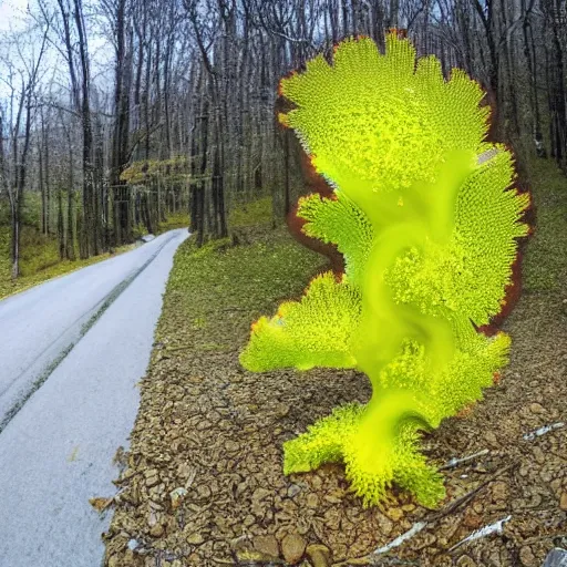 Image similar to fractal slime mold taking over a small town in rural West Virginia