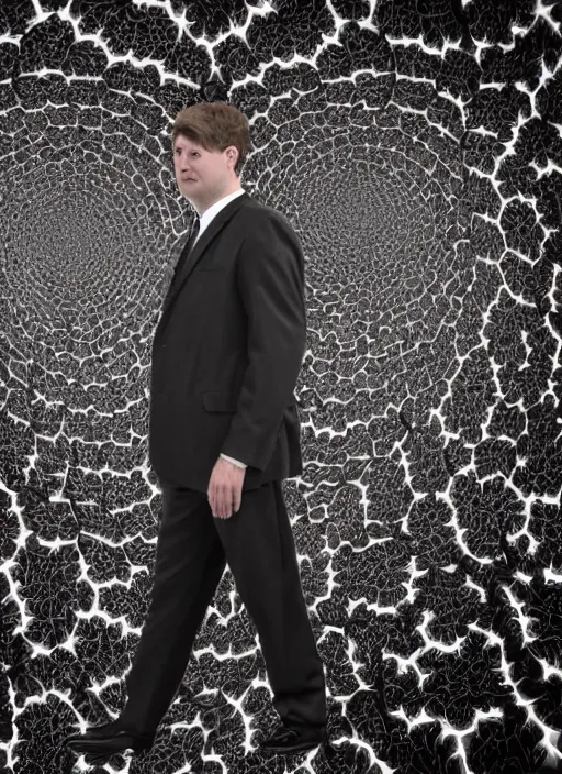 Image similar to matte painting of man in suit with black mandelbrot fractal as head