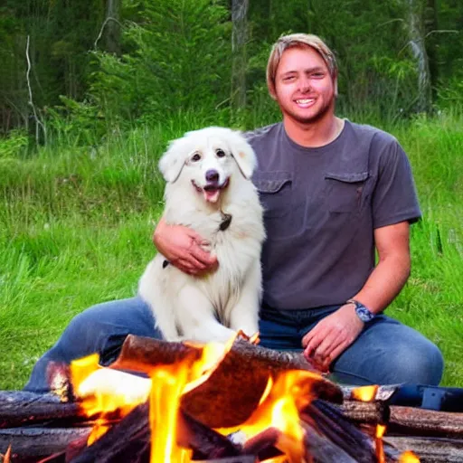 Prompt: picture of a hillbilly with long blonde hair with his australian shepherd around a bonfire