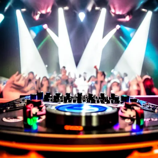 Image similar to DJ Bhumibol spinning turntables during edm concert, photo, close-up, high quality