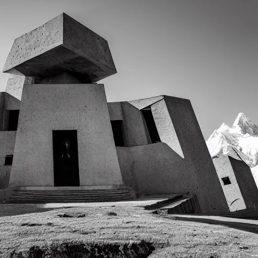 Image similar to black and white photograph of an intimidating and mysterious brutalist cathedral built into the side of a Himalayan mountain at a high elevation, designed by I.M. Pei and Giger, cinematic lighting, dramatic masterpiece