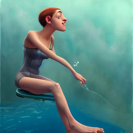 Image similar to a swimmer in Pixar style by Stanley Artgerm and Tom Bagshaw