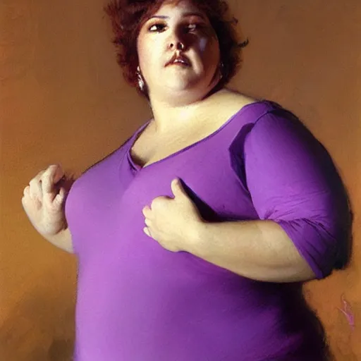 Image similar to a woman in a purple shirt with an obese body type, painting by Gaston Bussiere, Craig Mullins