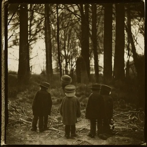 Image similar to a photo of in the dark in the forrest. 4 tall men with long pointed hats stand surrounding a small fire in a circular hole. a frightened boy is watching from the shadows.
