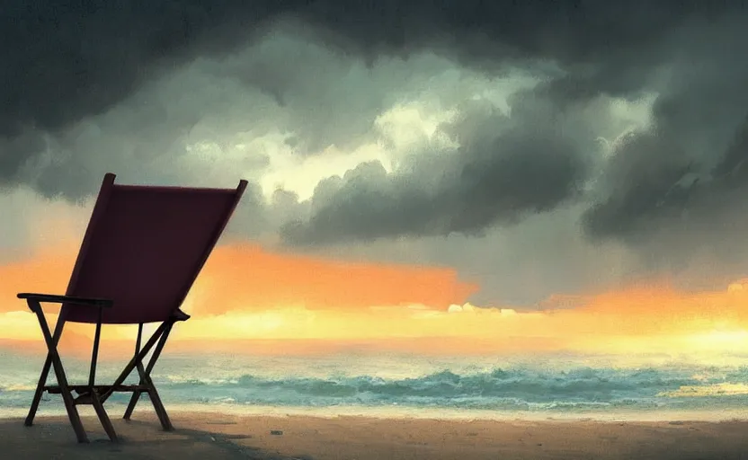 Image similar to painting of a beach chair at sunset with heavy thunderstorm in background, natural light, concept art, by greg rutkowski, cozy atmospheric and cinematic lighting