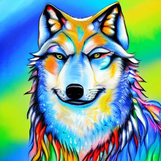 Image similar to painting of retarded wolf, vivid colors