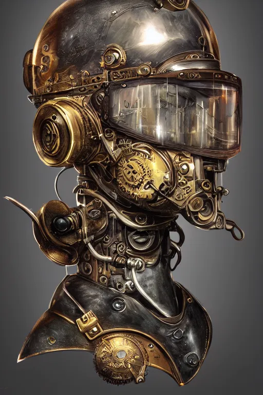 Image similar to steampunk helmet fantasy art mask robot ninja stylized digital illustration sharp focus, elegant intricate digital painting artstation concept art global illumination ray tracing advanced technology chaykin howard and campionpascale and cooke darwyn and davis jack