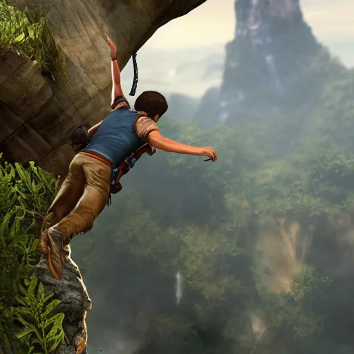 Image similar to young nathan drake jumping off a cliff, highly detailed