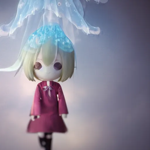 Image similar to cute fumo plush of a girl made out of steam, clouds, floating jellyfish girl, vray refractive optics simulation, gi