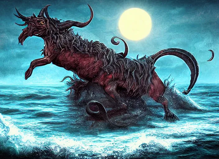 Prompt: a devil rides on the frigid ocean, fantasy art, sun, epic, dramatic, digital art, pain