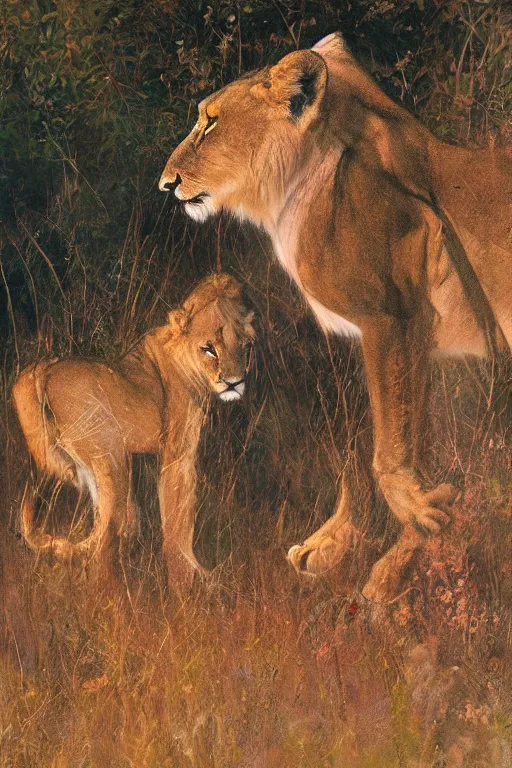 Image similar to spiritual twin flame lioness hunting deer art, pink sunset hue, highly detailed, oil painting hue, by craig mullins