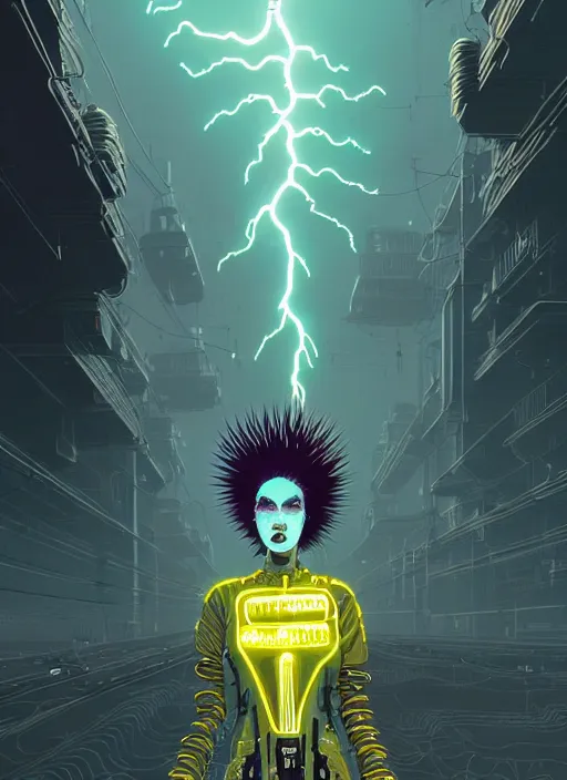 Image similar to highly detailed portrait of wasteland punk long curly bright yellow and white plasma electricity hair tribal lady, stray electric spark wiring by atey ghailan, james gilleard, by joe fenton, by greg rutkowski, by greg tocchini, by kaethe butcher, 4 k resolution, gradient yellow, black and white color scheme!!! ( ( lightning cloudy robotic dystopian city background ) )