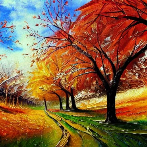 Image similar to painting depicting all four season in one single painting, tree in the summer, tree in the winter, tree in spring, tree in autumn, concept art, artstation, detailed, impressionism, oil on canvas, knife painting, messy,