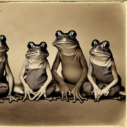 Image similar to frogs wearing old timey clothes, vintage family photo of a frogs wearing old timey clothes, sepia, frog picture