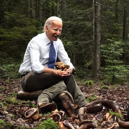Image similar to joe biden eating mushrooms in the forest