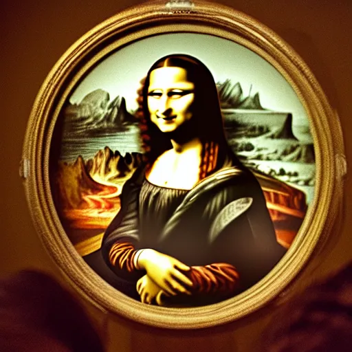 Prompt: portrait of the mona lisa, photography, photorealistic, shot on a wide angle fisheye lens