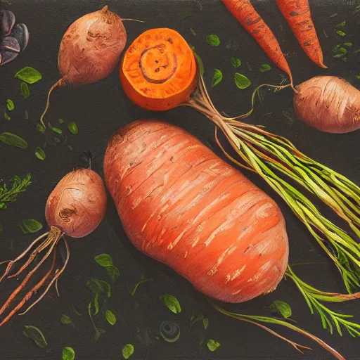 Image similar to A very beautiful and detailed botanic painting of potato, carrot, onion and beef. Professional, high quality, high resolution, professional photography, 8k, food photography