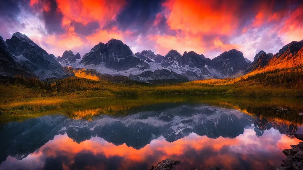 Image similar to amazing landscape photo of mountains with lake in sunset by marc adamus, beautiful dramatic lighting