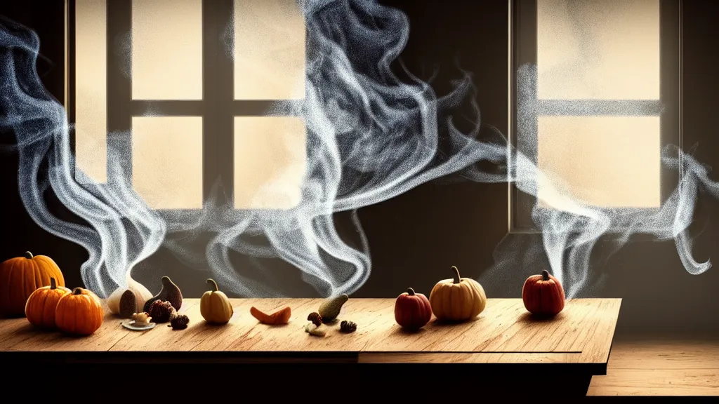 Image similar to we’re all made up stars theme, various fruits on a ornated porcelain plate on a wooden intricated table, ancien abandoned kitchen, detailed, photorealism, autumn rays of light come from the window, diffuse light, smoky background, fluid coloured smoke, octane render