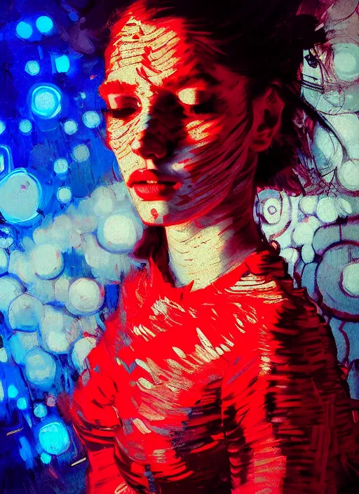Image similar to portrait of beautiful girl, ecstatic, wonderful techno party, eyes closed, shades of red and blue, beautiful face, rule of thirds, intricate outfit, spotlight, by greg rutkowski, by jeremy mann, by francoise nielly, by van gogh, digital painting