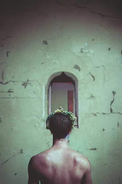 Image similar to kodak portra 4 0 0 photograph of a skinny guy looking into a otherworldly portal, flower crown, back view, vaporwave colors, grain, moody lighting, moody aesthetic,