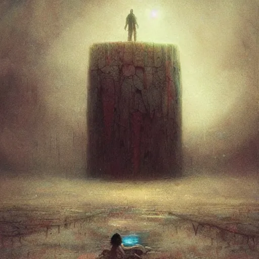 Image similar to a trapped giant talking to miniscule human, by greg rutkowski + beksinski, atmospheric, cinematic, dramatic colors, horror