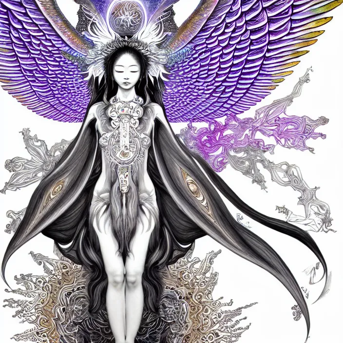 Image similar to stylized art of an psychedelic angelic celestial being by jung gi kim, trending on artstation, winged head, white gold skin, ayahuasca, sacred geometry, esoteric art, watercolor