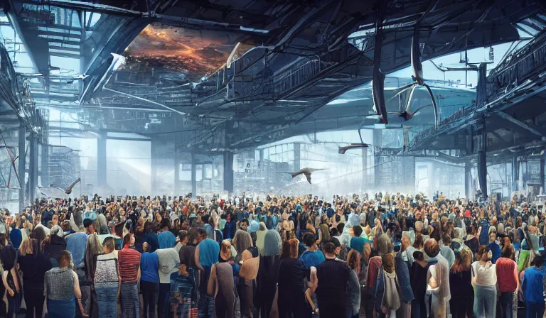 Image similar to large group people in open warehouse, looking at hologram of futuristic city on a table, cinematic concept art, godrays, golden hour, natural sunlight, 4 k, clear details, tabletop model buildings, center model buildings, hologram center, crane shot, crane shot, crane shot, godrays