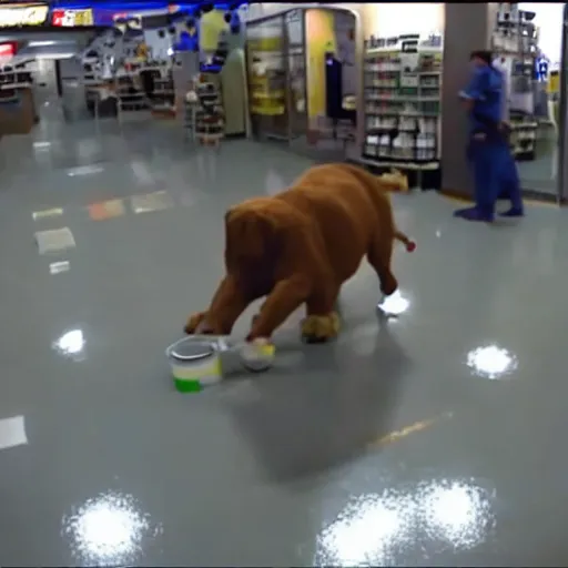Image similar to security camera footage of a sports mascot pouring a carton of milk on the floor