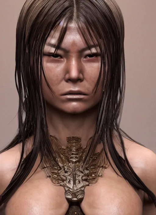 Prompt: frontal portrait of a emotional muscular female, sweat face, hyper realistic glorious ancient japan assassin designed by makoto kobayashi and luca zampriolo, portrait, sexy style, wood and gold details, intricate, extremely detailed, ornate, deep of field, hard surface, exoskeleton, substance designer metal unreal engine. amazing likeness. very detailed.