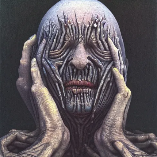 Prompt: Two hands holding a head by Zdzislaw Beksinski, Jeffrey Smith and H.R. Giger, oil on canvas, 8k highly professionally detailed, trending on artstation
