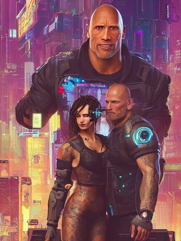 Image similar to a cyberpunk 2077 wedding portrait of Dwayne Johnson holding a female android,complex mess of cables and wires behind them connected to giant computer, love,film lighting, by laurie greasley,Lawrence Alma-Tadema,William Morris,Dan Mumford, trending on atrstation, full of color,face enhance, highly detailed,8K, octane,golden ratio,cinematic lighting