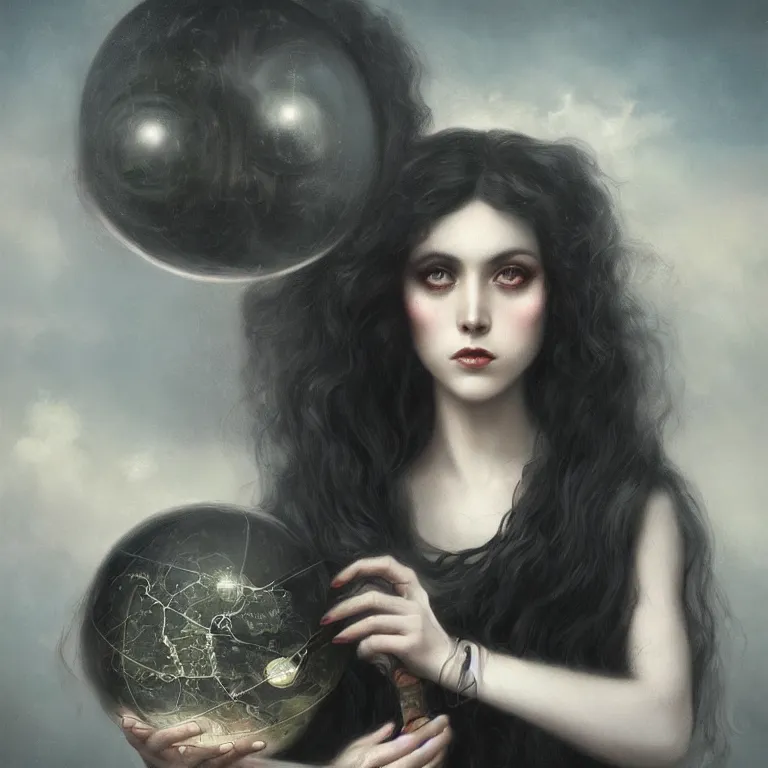 Image similar to a woman in black with long hair holding a small globe by tom bagshaw