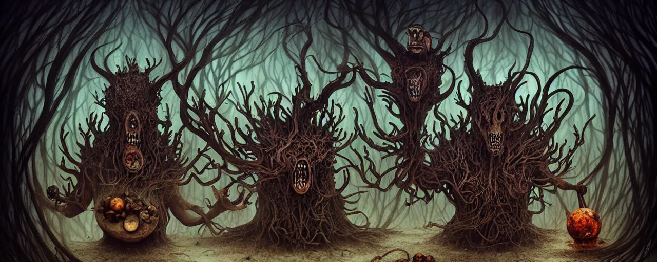 Image similar to whimsical earthy alchemical monsters, surreal dark uncanny painting by ronny khalil