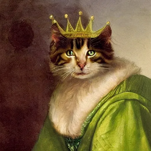 Prompt: a female mutant tabby cat with green eyes and long dark fur wearing aristocratic robes and a golden necklace and a crown sitting in a garden in the style of Rembrandt