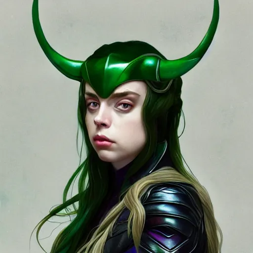 Prompt: Billie Eilish as Female Loki, very detailed, digital art, trending on artstation, concept art, smooth, illustration, art by artgerm and greg rutkowski and alphonse mucha and J. C. Leyendecker and Edmund Blair Leighton and Katsuhiro Otomo and Geof Darrow and Phil hale and Ashley wood