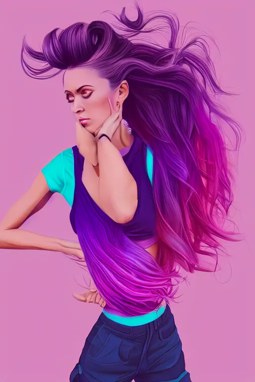 Image similar to a award winning half body porttrait of a beautiful woman in a croptop and cargo pants with ombre purple pink teal hairstyle with head in motion and hair flying, outrun, vaporware, shaded flat illustration, digital art, trending on artstation, highly detailed, fine detail, intricate