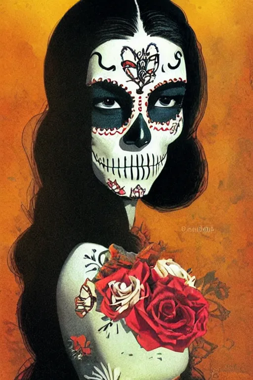 Prompt: Illustration of a sugar skull day of the dead girl, art by dean ellis