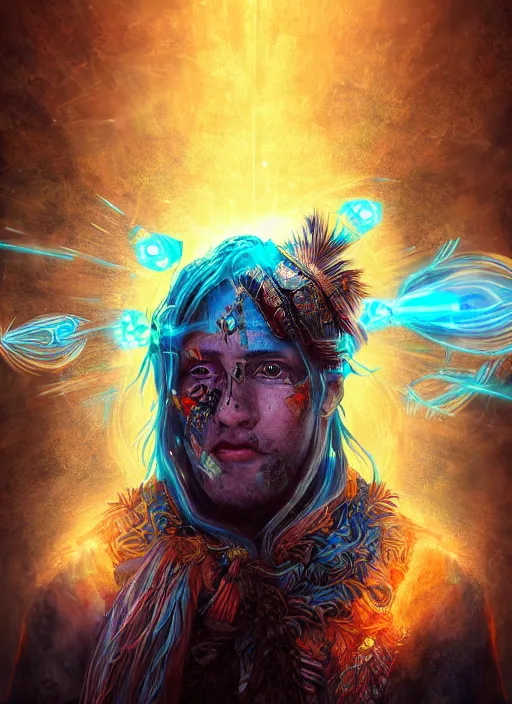 Image similar to An epic fantasy comic book style portrait painting of a wild shaman tripping on Ayahuasca, Shipibo patterns made of lasers, fisheye lens, unreal 5, DAZ, hyperrealistic, octane render, cosplay, RPG portrait, dynamic lighting