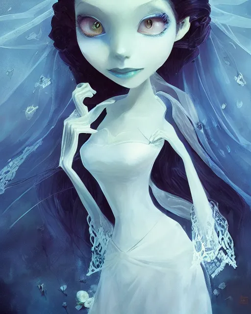 Prompt: elegant mysterious solemn victoria everglot from the corpse bride, portrait, illustration, rim light, top light, summer clear blue sky, perfectly shaded, soft painting, art by krenz cushart and wenjun lin