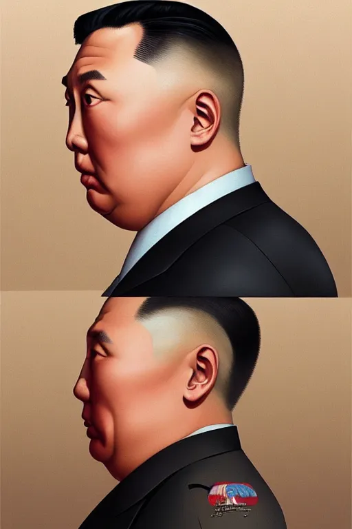 Image similar to vladimir putin with the iconic kim jong un hairstyle, realistic portrait, symmetrical, highly detailed, digital painting, artstation, concept art, smooth, sharp focus, illustration, cinematic lighting, art by artgerm and greg rutkowski and alphonse mucha