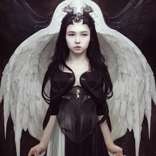 Image similar to Beautiful pale angelic goth asian girl with angel wings and devil\'s horns, warhammer 40000 masterpiece 4k digital illustration by Ruan Jia and Mandy Jurgens and Artgerm and william-adolphe bouguereau, highly detailed, trending on artstation, award winning,