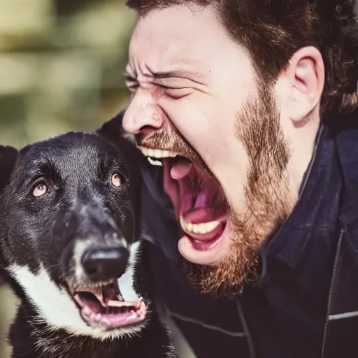 Prompt: a guy yelling to a sad dog, 4K