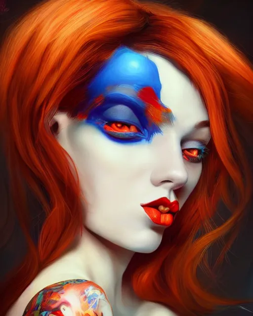 Prompt: a portrait of a beautiful woman with blue eyes and red hair, centered face, highly surrealistic art in the style of Salvador Dali and Ross Tran, highly detailed, trending on artstationhq