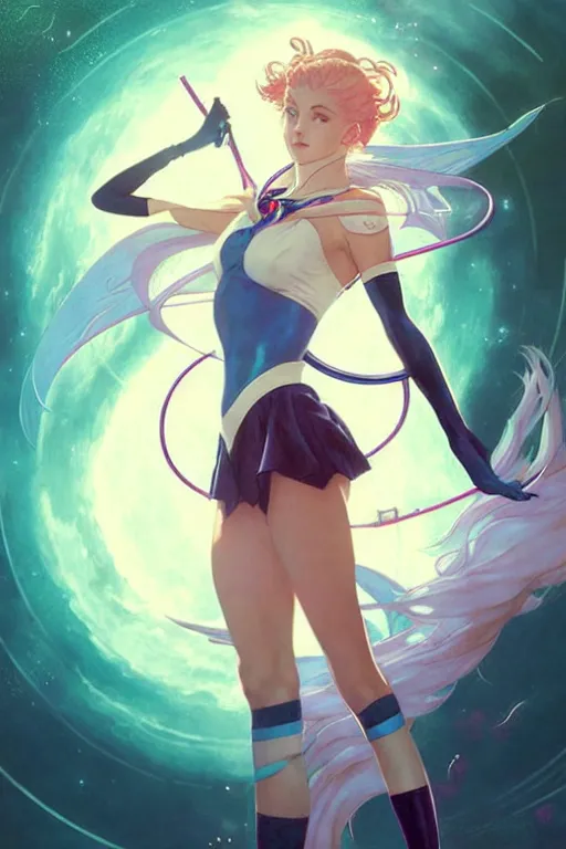 Image similar to aeon flux as sailor moon picture by Greg Rutkowski, pastels, stars, dynamic pose, matte painting, intricate, fantasy concept art, elegant, by Stanley Artgerm Lau, WLOP, golden ratio, thomas kindkade, alphonse mucha, loish, Peter chung, norman Rockwell,