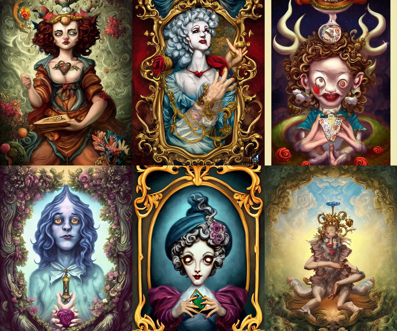 Prompt: Rococo Jester as The Fool tarot card, spiritual, 4k digital illustration by Mark Ryden and Cyril Rolando, Tarot Card, occult, iconography, intricate border designs, Artstation