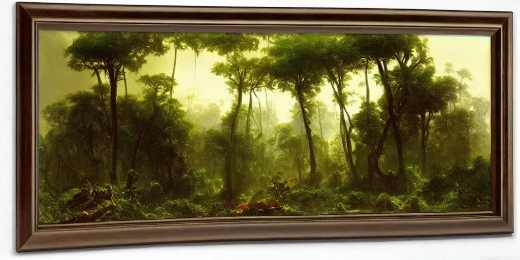 Prompt: landscape image of an extremely alien jungle planet, by Albert Bierstadt