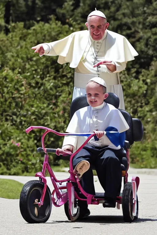 Image similar to the pope riding a childs tricycle