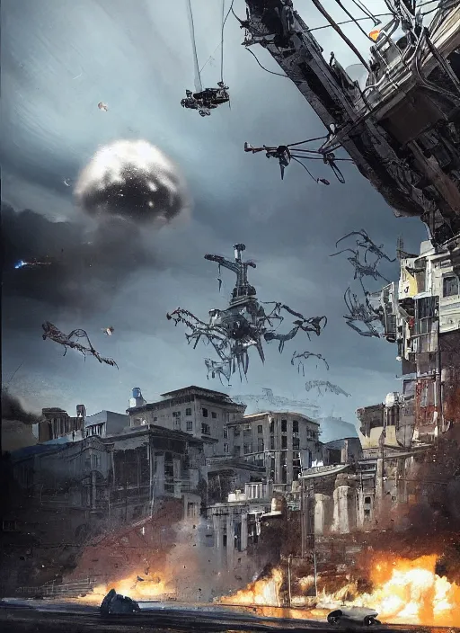 Image similar to hyper realistic squid robot attacking cape town city, table mountain explosions, atmospheric beautiful details, strong composition drawn in ink by kim jung giu weta studio rutkowski, james gurney and greg rutkowski, and lucasfilm